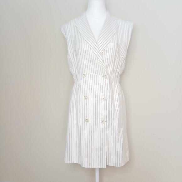 SANDRO Cosima Double Breasted Pinstriped Linen Blend Mini Dress Ecru Size 4 - Picture 2 of 12